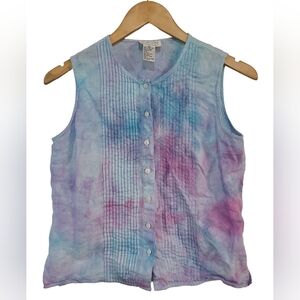 Talbots Pink/Blue Tie Dye 100% Irish Linen Button Up Tank Top Size 6 Petite VNTG
